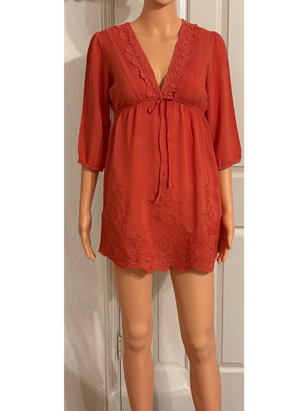 Forever 21 Coral Red Micro Mini Crochet-Trim V-Neck Dress